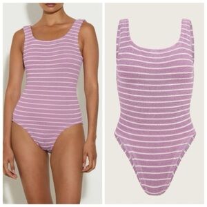 NWT Hunza G Helena Christensen Striped Crinkle Knit Swimsuit Pink One Piece New